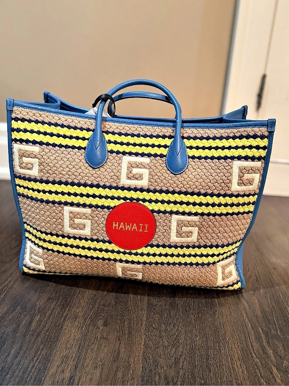 Gucci Fabric Embroidered Striped Tote / Beach Bag Blue & Brown